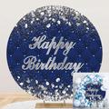 DORCEV 7.2x7.2ft Blue Silver Happy Birthday Round Backdrop Cover Glittering Silver Diamonds Dots Sapphire Blue Lozenge Birthday Backdrop Background Kids Adults Birthday Party Circle Backdrop Cover