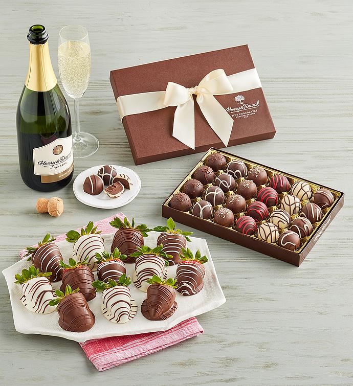 Gourmet Drizzled Strawberries™, Chocolate Truffles, And Sparkling White Wine, Gourmet Assorted Foods, Gifts by Harry & David
