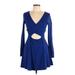Forever 21 Casual Dress - Fit & Flare Plunge Long sleeves: Blue Print Dresses - Women's Size Large