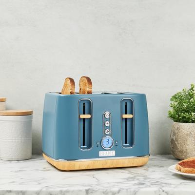 HADEN Dorchester Stone Blue Stainless Steel 4 Slice Toaster with Wide Slot, Removable Crumb Tray, Control Settings