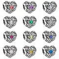 Fashion Openwork Month Signature Heart Birthstone With Crystal Charm 925 Sterling Silver Beads Fit