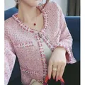 Women Clothing Round Neck Long Sleeves Wool Coat Pink Tweed Jacket Korean Fashion Crop Tops Beading