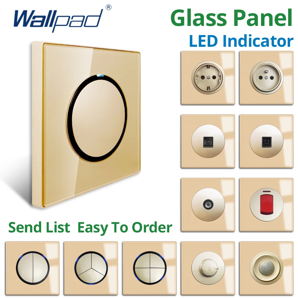 Wallpad Gold Gehärtetem Glas Panel Blau LED Anzeige Taster Wand Licht Schalter und Steckdose Elektrische Outlet AC110-220V 16A Image