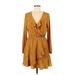 Express Casual Dress - Mini Plunge Long sleeves: Brown Print Dresses - Women's Size Medium