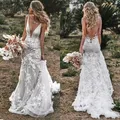Robe de mariée sirène vintage à col en V appliques de fleurs 3D robe de mariée dos nu Boho robe