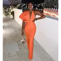 Robe de Soirée Longue à Manches Courtes et Col en V pour Femme Vêtement de Luxe Orange Maxi