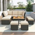 Red Barrel Studio® Patio Furniture Set, 9 Piece Outdoor Conversation Set, CoffeeTable w/ Ottomans, Solid Wood | Wayfair