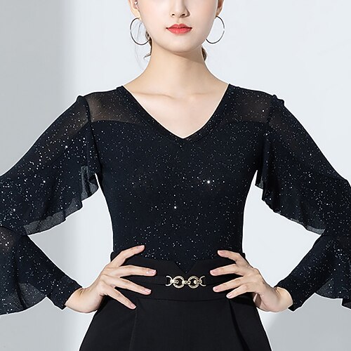 Für den Ballsaal Sportkleidung Gymnastikanzug / Einteiler Rüschen Pure Farbe Farbaufsatz Damen Leistung Ausbildung Langarm Hoch Nylon Image