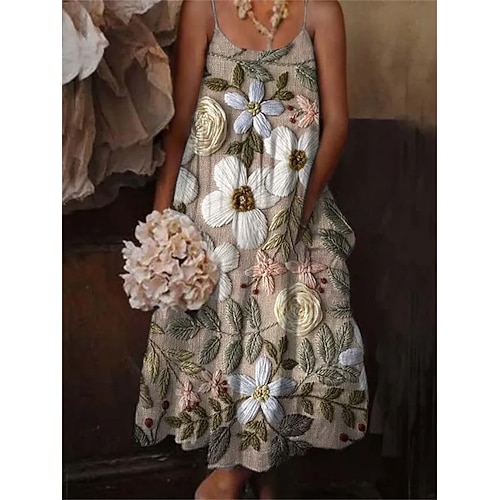 Boho Maxikleid für Damen mit Spaghettiträgern, Patchwork, geometrischen Blumendrucken, lässiges Strand-Sommerkleid, mehrfarbig, Einheitsgröße, Frühlings- und Sommerbekleidung Image