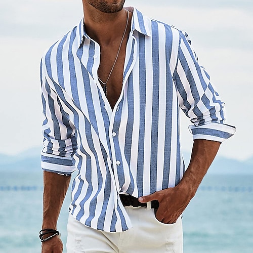 Per uomo Camicia Camicia di lino Camicia Estiva Camicia da Spiaggia Camicia in cotone e lino Camicie a righe A righe Vacanza Camicia hawaiana Giallo Rosso Blu Verde Manica Lunga Collo ripiegato