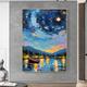 Starry Sky Night Painting Hand-painted Blue Textured Wall Art Large Night Sky Painting Boat Abstract Painting Blue Abstract Painting For Home Wall Decor No Frame