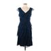 Adrianna Papell Casual Dress - A-Line V-Neck Short sleeves: Blue Solid Dresses - Women's Size 10