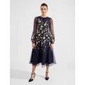 Hobbs Womens Embroidered Floral Puff Sleeve Midi Skater Dress - 12 - Navy Mix, Navy Mix