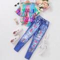 Tween Girls Colorful Plaid Short Sleeve TShirt And Denim Print Leggings Two Piece Set