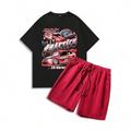 Mens Slogan Car Print Short Sleeve TShirt And Drawstring Waist Short Pants Two Piece Set