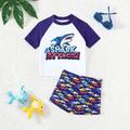 Toddler Boys Color Blocking Raglan Sleeve Swimsuit Set With Shark And Letter Print