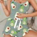 Womens Milk Silk Cartoon Avocado Pattern Camisole Pajamas Set