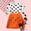Tween Girl Polka Dot Print Top Triangle Trim Cartoon Embroidered Skirt Set