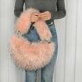 New Winter Plush Handbag For Women Fur Clutch Bag Fashionable Half Moon Shaped Evening Bag With Imitation Leather Trim