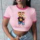 Casual And Simple Cartoon Bear Pattern Pink Teddy Bear Collar And Cuffs Contrasting Tight Short Womens TShirt
