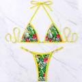 Tropical Print Contrast Binding Halter Triangle Bikini Swimsuit
