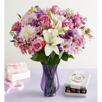 1-800-Flowers Flower Delivery Love You Mom Double Bouquet W/ Purple Vase & Chocolate
