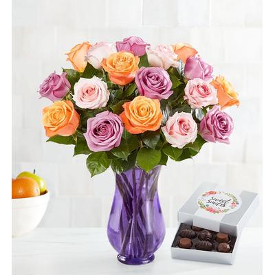 1-800-Flowers Flower Delivery Mother's Day Sorbet Roses 18-36 Stems 18 Stems W/ Purple Vase & Chocolate