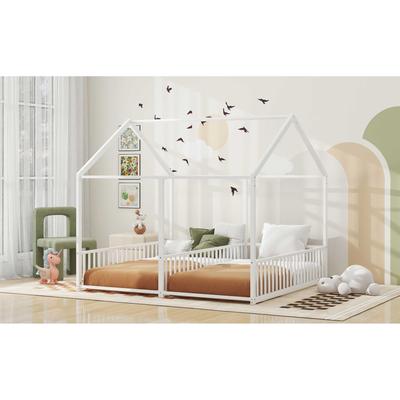 Twin Floor Beds for 2 Kids, Two Twin Size Metal House Bed Frame with Rails, Double Shared Beds Montessori Bed