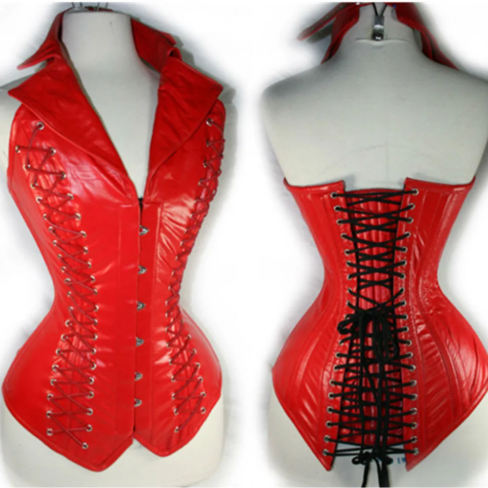 Träger sexy V-Ausschnitt Über brust Gothic Steampunk Taille Cincher Korsett Unterbrust Kunstleder Stahl ohne Knochen Korsett Weste Leder Korsett Image