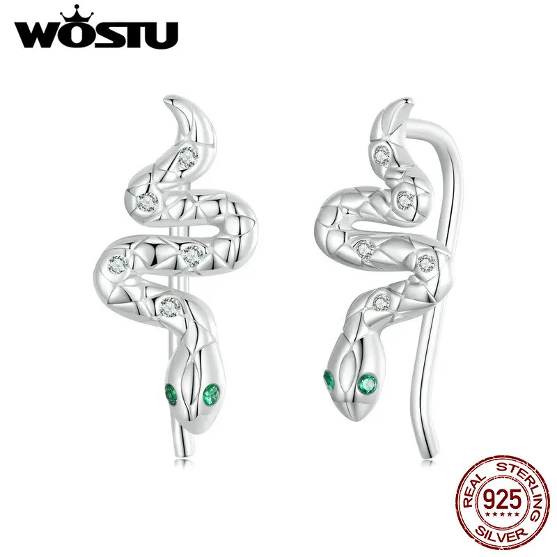 WOSTU 925 Sterling Silber Vintage Schlange Ohr Manschetten Ohr Clip Ohrringe Glänzende CZ Tier Ohr Studs Party Hochzeit Schmuck Punk Geschenk