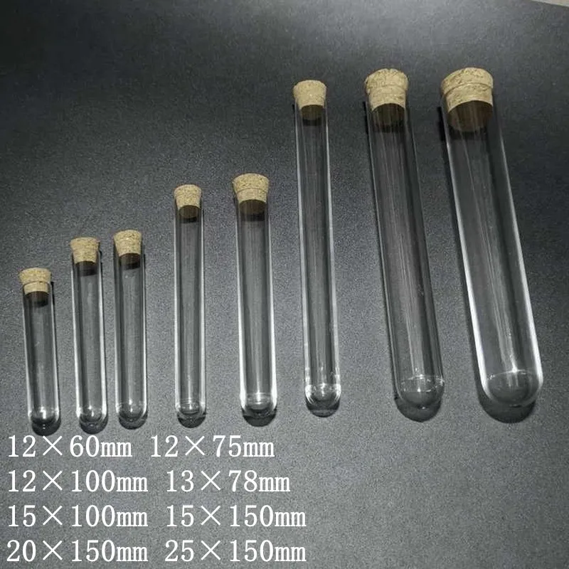 50 teile/los Hartplastik-Reagenz gläser mit Korks topfen für Experimente Durchmesser 12mm bis 25mm, Länge von 60mm bis 150mm Image