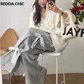 REDDACHiC Lace Ribbon Women's Sweatpants Cute Bow Strappy Wide Leg Slacks Loose Elastic Waist Home