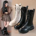 Girls' Boots Autumn Winter British Style Lace Up Long Boots Solid Color Princess Leather Boots Plus