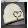 Luxury Heart Rhinestone Winter Beanies Women Solid Color Real Rabbit Fur Knitted Hat Lady Fashion