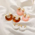 Hot Sale New Resin U Shape Gold Plated Hoop Earrings for Women Stainless Steel Pink Natural Stone