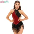 Womens Latin Cha-Cha Dance Performance Costume Sequined Color Block Splice Ballet Bodysuit