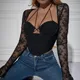 Vemina Lace Hollowing Mesh See Through Vneck Long Sleeve Slim Backless fishbone Crop Top Women Sexy