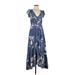 Jaase Casual Dress - A-Line V Neck Short sleeves: Blue Floral Dresses - Women's Size Small