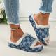 Women's Slippers Fuzzy Slippers Fluffy Slippers Warm Slippers Work Daily Check Winter Flat Heel Round Toe Elegant Punk Canvas Denim Loafer White / Blue Blue