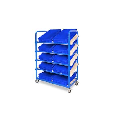 BRB Schrägboden-Regalwagen mit 5 Ebenen, BxTxH 1050x500x1450 mm, 4 Lenkrollen, 2 Rollen mit Feststellbremse mit 10 Euroboxen BxTxH 600x400x120 mm Image