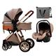 Folding Baby Stroller Pushchair 3 in 1 Carseat and Strollers Combo Foldable Carriage Luxury Pushchair Stroller Anti-Shock High View Toddler Pushchair (Color : Khaki)