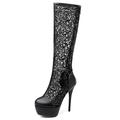 MJIASIAWA Women Stiletto Heels Knee High Mesh Boots Platform Round Toe Wedding Party Elegant Sequins Dress Shoes Black Size 7.5 UK/43 Asian