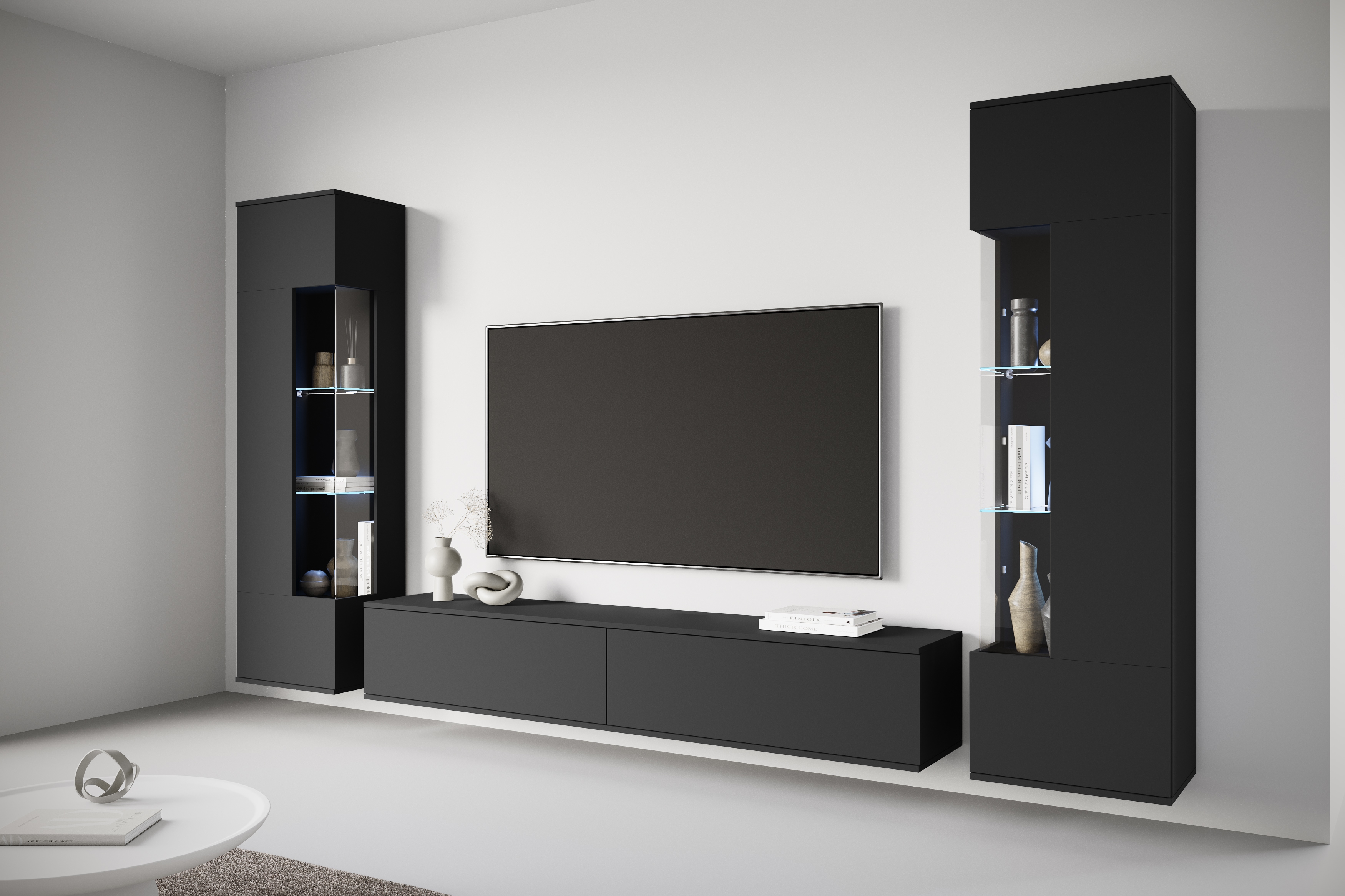 Wohnwand INOSIGN "Kenia, Vitrine Türanschlag links/rechts wechselbar", schwarz (graphite schwarz matt), Glas, Hartfaserplatte, Holzwerkstoff, Kunststoff, Kastenmöbel-Sets, Vitrinen mit Eckverglasung, hängend und stehend montierbar, Topseller