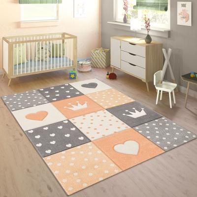 Kinderteppich PACO HOME "Cosmo 339", rot (apricot), B:160cm H:16mm L:230cm, Polypropylen, Teppiche, Kurzflor, Pastell-Farben, 3D-Effekt, Motiv Herz, Punkte & Krone