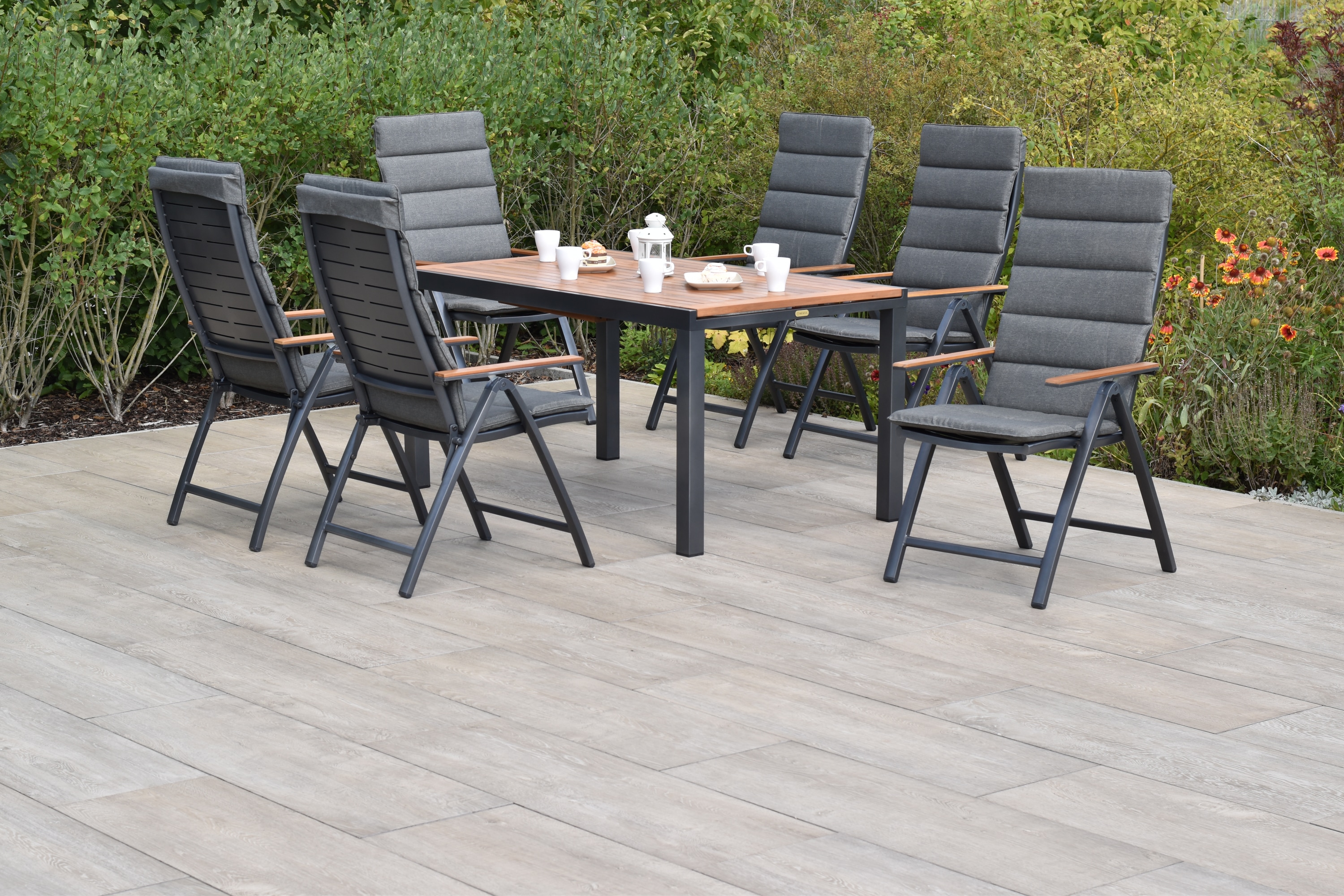 Garten-Essgruppe MERXX "»Tinos«", grau (grau, grau, graphit), Aluminium, Massivholz, Sitzmöbel-Sets, Ausziehtisch: LxB: 150-200 x 90 cm