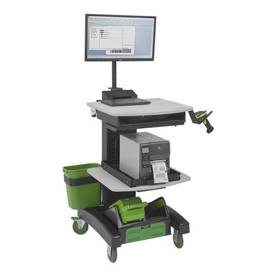 Newcastle Systems NB300NU2 NB Series 26" x 24" x 43" Black Adjustable Height Sit / Stand Powered Mobile Work Station with 2 Rechargeable LiFePO4 Batteries, Dual Charging Station, Power Strip, Cord Holder, and Waste Basket - 36 Ah