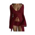 JINGBDO Beach Cover Up Knitted Crochet Beach Cover Up Beach Pullover Shirts Top Lace-Up Wear Beachwear Female Women-Red-M