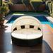 Outdoor Patio Round Daybed with Retractable Canopy Black Wicker Furniture Sectional Seating Set with Creme Cushion