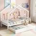 Twin Size House Bed with Trundle, Wooden Playhouse Tent Bed Frame, Montessori House-Shaped Platform Bed for Kids Girls Boys