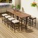 10-Piece Outdoor Acacia Wood Bar Height Table and Eight Stools with Cushions, PE Rattan Wicker Dining Table, Foldable Tabletop